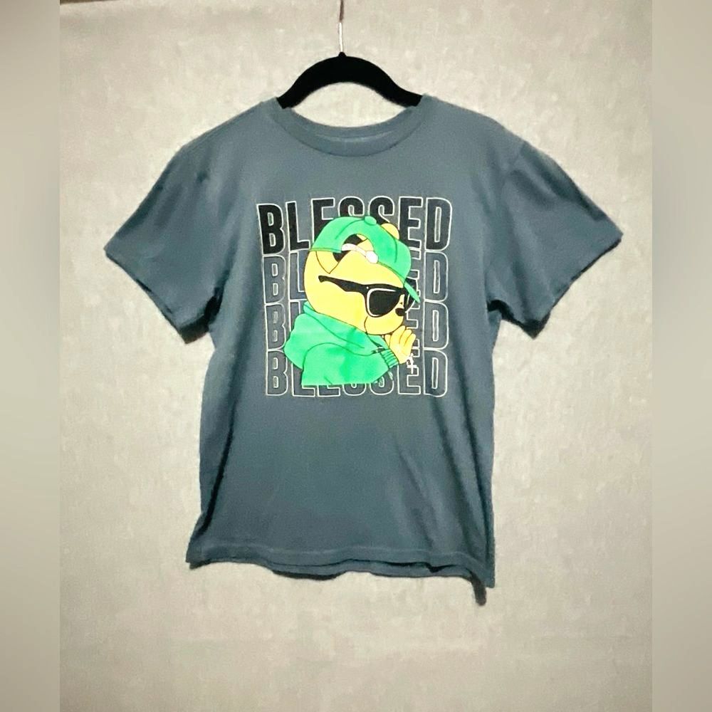 Blessed Graphic Tee Urban Bear Praying Cartoon Blue Short Sleeve T-Shirt kids S